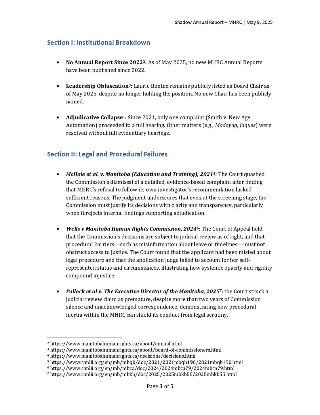 Section I and II of the MHRC Shadow Report detailing institutional breakdown, leadership obfuscation, lack of annual reporting since 2022, and the absence of full hearings. Includes case law from 2021 to 2025, where courts found MHRC decisions lacked trans
